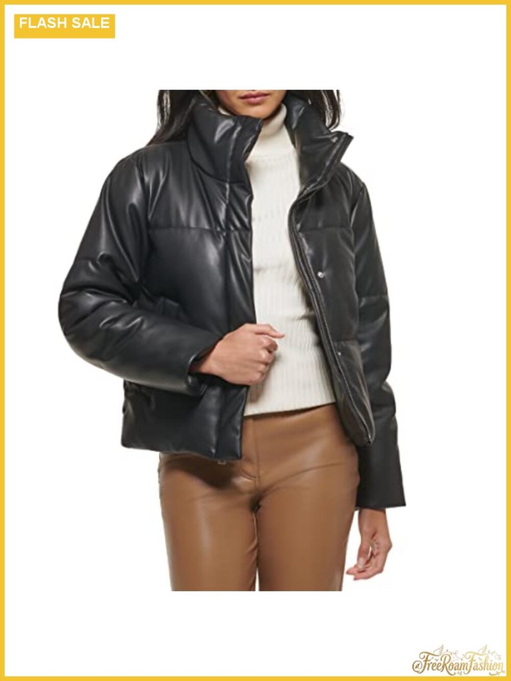 Vegan Leather Quilted Short Puffer Coat Water-Resistant